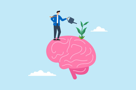 Flat illustration of businessman watering growth seedling on big brain symbolizing growth mindset for learning and improvementのイラスト素材