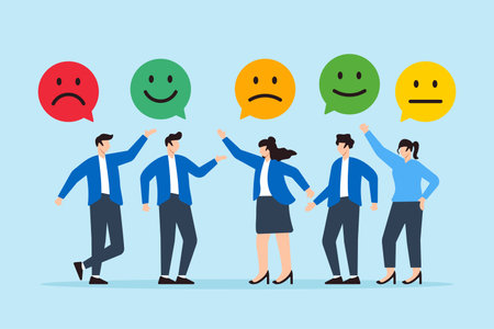 Flat illustration of young adults give emoticon feedback rating user experience and satisfaction with productsのイラスト素材