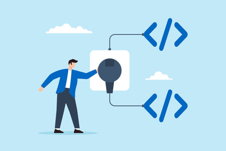 Flat illustration of programmer connects socket between coding programs illustrating API for software developmentのイラスト素材