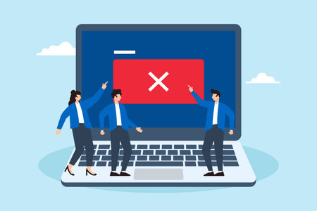 Flat illustration of people stare at laptop screen dead with cross sign software error cyber attack technical issue server downのイラスト素材
