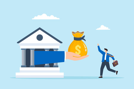 Flat illustration of businessman owner receive loan money from bank personal entrepreneur small business lending debt supportのイラスト素材