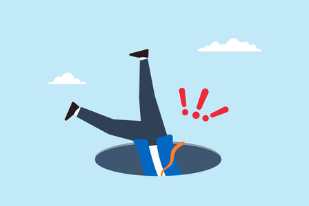 Flat illustration of terrified businessman fall into hole with exclamation mark failure and mistake risk of business crisis recession danger trouble loss or pit fallのイラスト素材