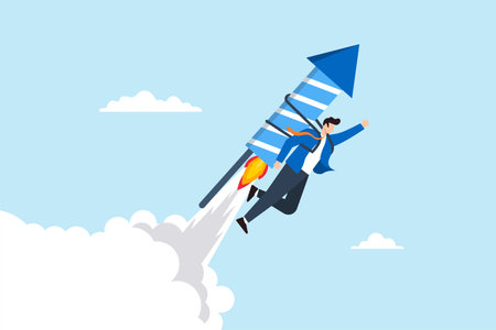 Flat illustration of businessman fly high with fast firework boost business growth innovation startup ambition winner aspiration speed developmentのイラスト素材
