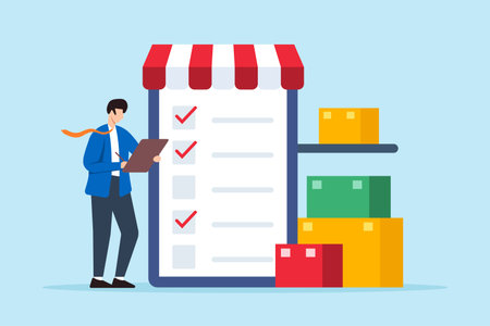 Flat illustration of store manager mark item on inventory business checklistのイラスト素材