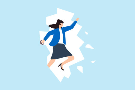 Flat illustration of businesswoman jump and break through wall symbolizing courage to overcome career barrierのイラスト素材