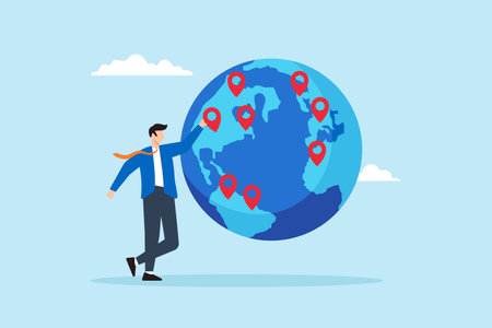 Flat illustration of businessman CEO place new branch pin on world map globe global business expansion growing franchise worldwideのイラスト素材