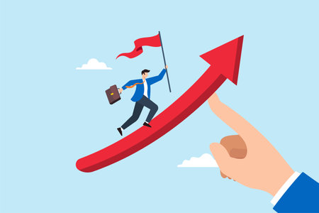 Flat illustration of giant hand help push arrow upward with businessman holding red flag run on it help career growth development support productivityのイラスト素材