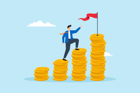 Flat illustration of businessman climb money coin stack to achieve red target flag financial goal achievement investment plan salary growthのイラスト素材