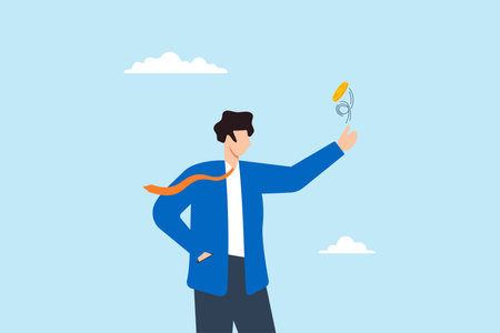 Flat illustration of businessman flip money dollar coin luck risk decision financial planning thinking savings wealth investment strategyのイラスト素材
