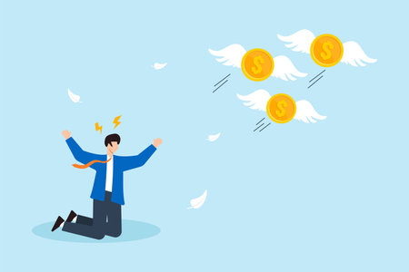 Flat illustration of businessman reaching for flying coins with wings symbolizing financial loss missed opportunity poor investment and bankruptcy riskのイラスト素材