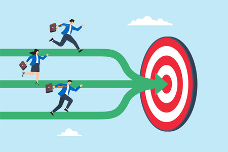 Flat illustration of business team running on different paths merging into one arrow toward target to align goals and achieve successのイラスト素材