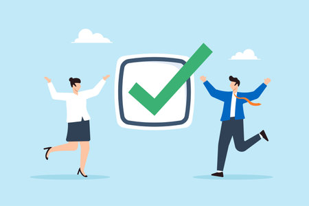 Flat illustration of happy business people celebrating big checkmark symbolizing task completion project success teamwork and achievementのイラスト素材