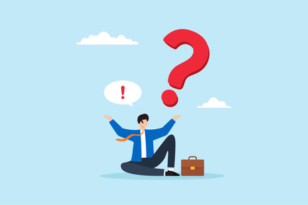 Flat illustration of businessman sitting with giant question mark and exclamation bubble decision to solve problem curiosity finding answers and new ideasのイラスト素材