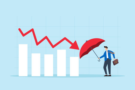 Flat illustration of businessman using umbrella to shield against declining graph or economic downturn protection crisis management and financial defense strategyのイラスト素材