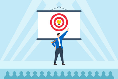 Flat illustration of businessman presenting target lightbulb on large stage screen to symbolize breakthrough idea and strategic visionのイラスト素材