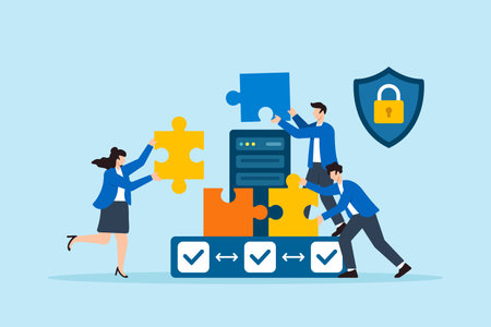 Flat illustration of three people locking puzzle pieces around server to form secure network against cyber attacksのイラスト素材