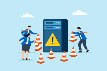 Flat illustration of three people placing warning cones around server security perimeter to prevent cyber threats with encrypted barriersのイラスト素材