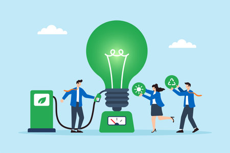 Flat illustration of employees fueling green lightbulb engine with eco-friendly icons for sustainable company powerのイラスト素材