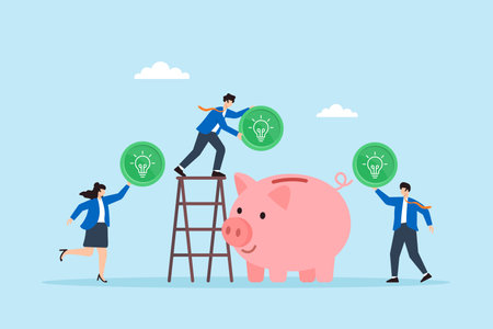 Flat illustration of employees inserting green lightbulb coin into corporate piggy bank for eco friendly investmentのイラスト素材