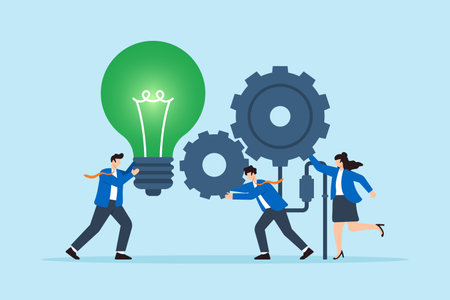 Flat illustration of employees turning giant green ESG lightbulb gear to drive corporate sustainability machineのイラスト素材