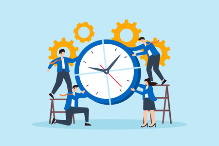Flat illustration of business team assembling giant clock together to symbolize teamwork time management productivity and task coordinationのイラスト素材