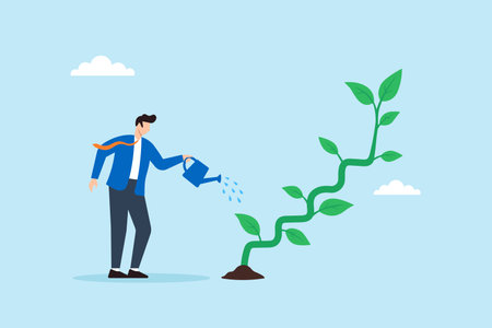 Flat illustration of businessman watering step-shaped plant growing upward to represent gradual business success and steady goal achievementのイラスト素材