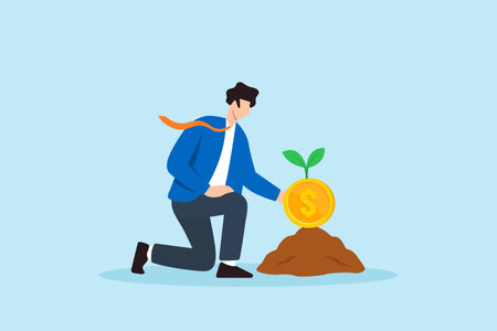Flat illustration of businessman kneeling to plant golden coin seedling into soil for early investment and long term financial growthのイラスト素材