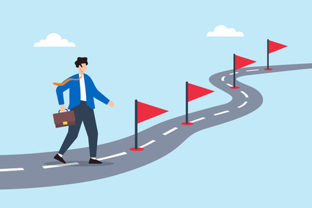 Flat illustration of businessman walking on winding roadmap with milestone flags representing career journey success path goal achievement and personal growthのイラスト素材