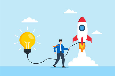 Flat illustration of businessman launching startup company by connecting lightbulb idea to rocket symbolizing innovation creativity entrepreneurship and business developmentのイラスト素材