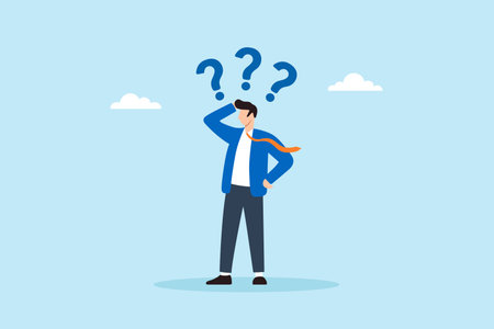 Flat illustration of confused businessman with question marks showing uncertainty memory loss hesitation and difficulty in decision makingのイラスト素材