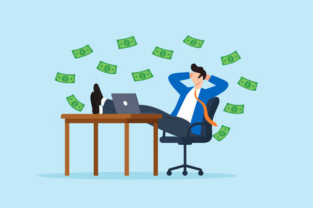 Flat illustration of businessman relaxing in office chair with feet on desk while money bills flying around symbolizing passive income financial freedom online success and wealth growthのイラスト素材