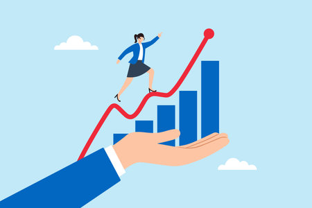 Flat illustration of businesswoman standing on giant helping hand while reaching top of rising graph symbolizing success opportunity leadership support motivation and career growth achievementのイラスト素材