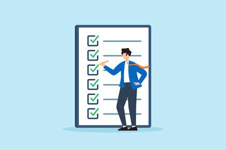 Flat illustration of businessman checking tasks on large checklist board with completed green marks symbolizing productivity goal achievement task management and workflow organizationのイラスト素材