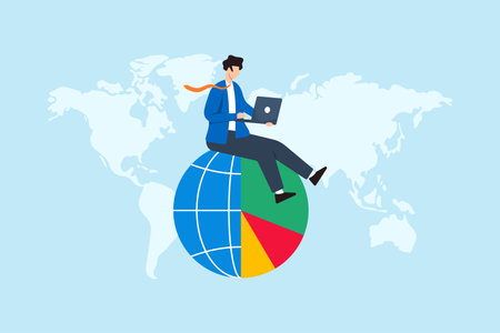 Flat illustration of businessman working on laptop while sitting on colorful world pie chart symbolizing market segmentation global analytics data visualization and international growth strategyのイラスト素材