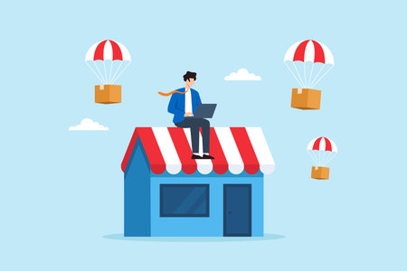 Flat illustration of businessman sitting on roof of small shop while working on laptop watching parachute boxes symbolizing e-commerce dropshipping and digital business innovationのイラスト素材