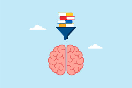 Flat illustration of books flowing through funnel into brain symbolizing knowledge learning and educationのイラスト素材
