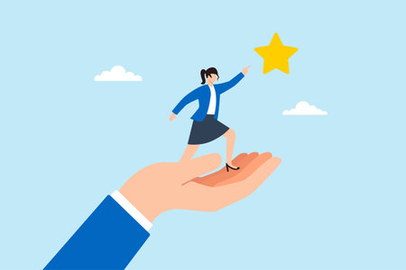 Flat illustration of businesswoman standing on giant hand reaching for golden star symbolizing empowerment and career achievementのイラスト素材