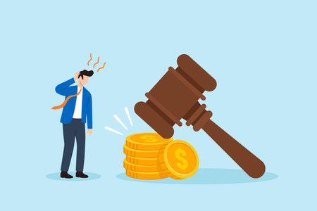 Flat illustration of businessman stressed by large gavel striking coins symbolizing financial penalty and legal judgmentのイラスト素材