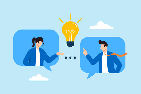 Flat illustration of business colleagues exchanging lightbulb idea through chat bubbles symbolizing communication collaboration teamwork and creative discussion processのイラスト素材