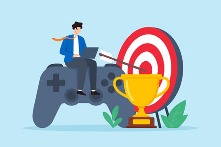 Flat illustration of businessman sitting on game controller working on laptop with trophy and target symbolizing gamification strategy achievement motivation and productivity reward systemのイラスト素材