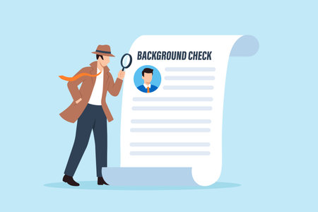Flat illustration of detective checking candidate profile document with magnifying glass symbolizing employee screening verification recruitment risk assessment and identity validationのイラスト素材