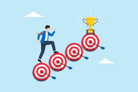 Flat illustration of businessman climbing stairs made of target icons toward trophy goal career success achievement progress and performance growth strategyのイラスト素材