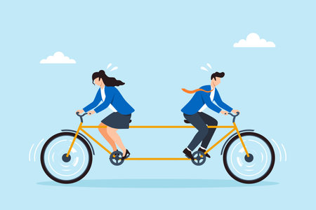Flat illustration of businessman and businesswoman riding tandem bicycle in opposite direction symbolizing business conflict disagreement poor teamwork communication problem and conflicting goals