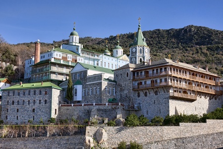 Russian St. Pantaleon Orthodox monatery at Mount Athos, Agion Oros (Holy Mountain), Chalkidiki, Greeceのeditorial素材