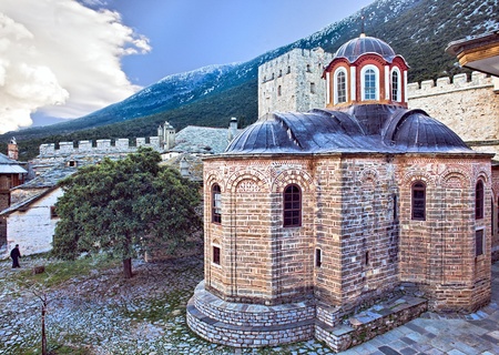 Ancient church in Megisti Lavra (Great Lavra) Orthodox monastery at Mount Athos, Agion Oros (Holy...