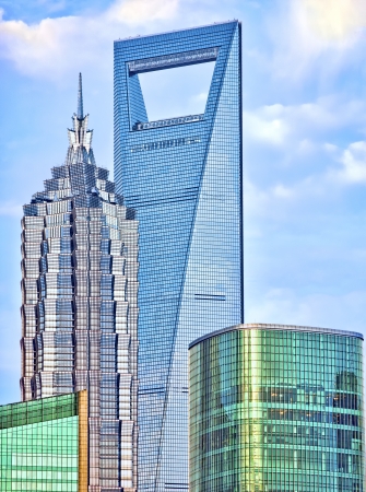 Fragment of Shanghai Pudong skyline with the highest buildings of the city including Shanghai World Financial Center - SWFC and Jin Mao Tower, Chinaのeditorial素材