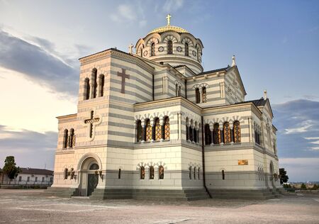 Saint Vladimir Orthodox cathedral at Chersonesus Taurica in Sevastopol at dusk, Crimea, Ukraineの写真素材