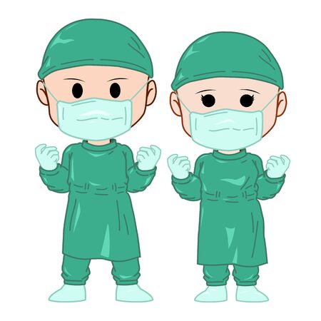 Vector illustration of cute style doctor and nurse in medical operation uniformsのイラスト素材