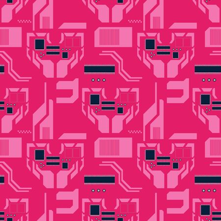 Seamless pattern created by several objects set to pink circuit boardのイラスト素材