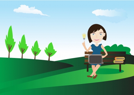 A Girl have idea and use  laptop in gardenのイラスト素材